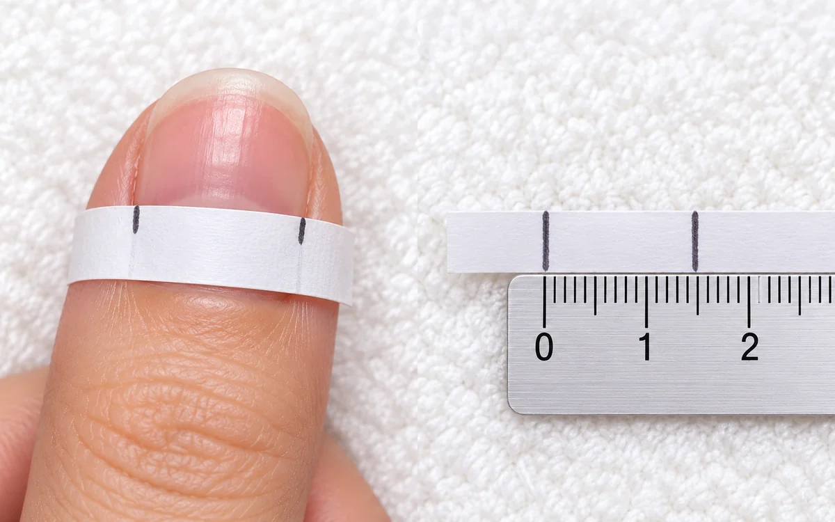 A paper strip marked at both edges of the nail, then measured flat against a ruler