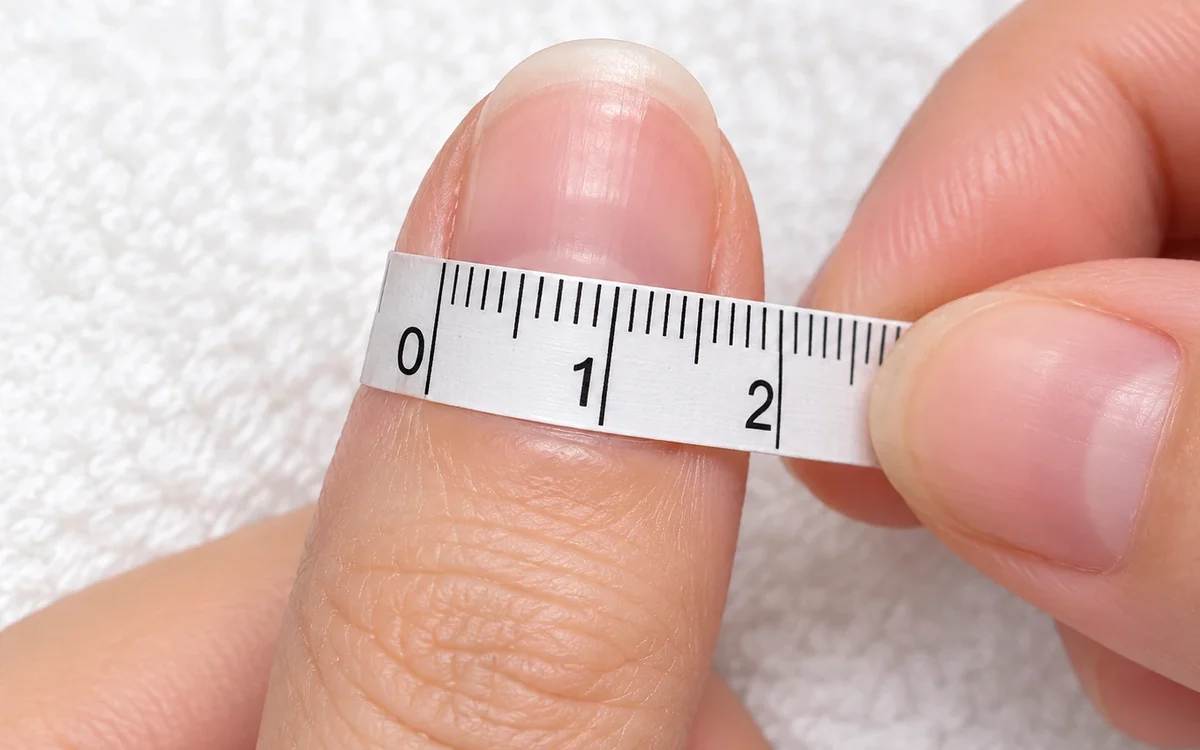 A measuring tape held across the widest part of a thumbnail